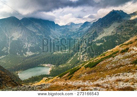 View From The Mountain Saddle Ostrva On The Popradske Pleso Lake In High Tatras National Park, Slova