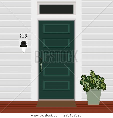 House Door Front With Doorstep And Mat, Lamp, Flowers, Building Entry Facade, Exterior Entrance Desi