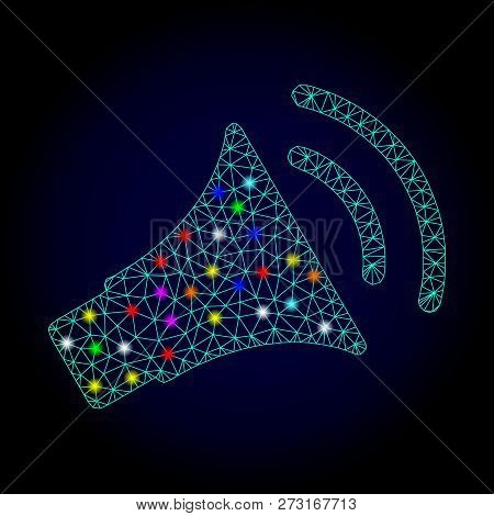 Glossy Polygonal Mesh Announce Horn Icon With Glow Effect On A Dark Background. Carcass Announce Hor