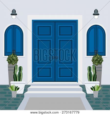 House Door Front With Doorstep And Mat, Steps, Window, Lamp, Flowers, Building Entry Facade, Exterio