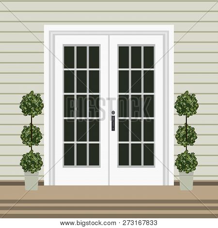 House Door Front With Doorstep And Mat, Steps, Window, Lamp, Flowers, Building Entry Facade, Exterio