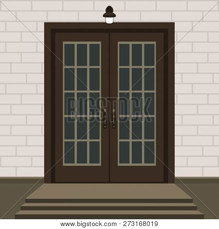 House Door Front With Doorstep And Steps, Window, Lamp, Flowers, Building Entry Facade, Exterior Ent