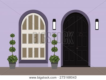 House Door Front With Doorstep And  Window, Lamp, Flowers, Building Entry Facade, Exterior Entrance