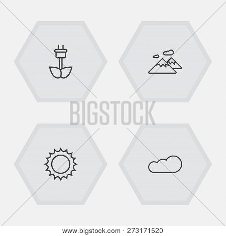 Set Of 4 Natural Icons Line Style Set. Collection Of Pinnacle, Green Power, Solar And Other Elements