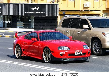 Fujairah, Uae - November 18, 2018: Red Sportscar Toyota Supra In The City Street.
