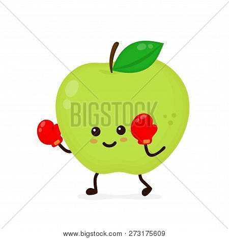 Cute Smiling Strong Apple Fighting In Boxing Gloves.vector Flat Cartoon Character Illustration Icon.