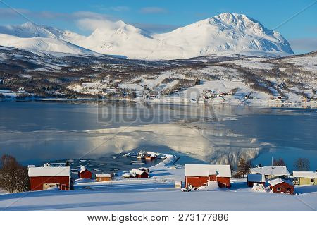 Winter View To Lavangen Fjord And Soloy Village, Troms County, Norway.