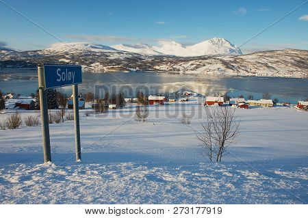 Winter View To Lavangen Fjord And Soloy Village, Troms County, Norway.