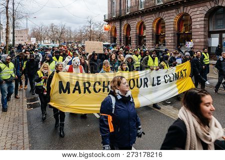 Strasbourg, France - Dec 8, 2018: Crowd Marching In Central Strasbourg At The Nationwide Protest Mar