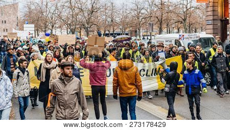 Strasbourg, France - Dec 8, 2018: Crowd Marching In Central Strasbourg At The Nationwide Protest Mar
