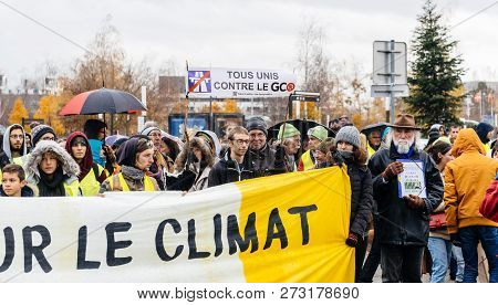 Strasbourg, France - Dec 8, 2018: Crowd Of People Marching In Central Strasbourg At The Nationwide P