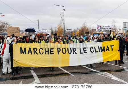 Strasbourg, France - Dec 8, 2018: Crowd Of People Marching In Central Strasbourg At The Nationwide P