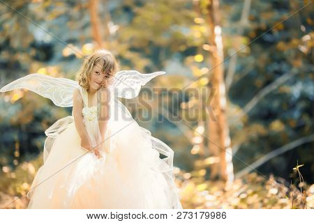 Fairy Tale Consept. Little Toddler Girl Wearing Beautiful Princess Dress With Fairy Wings In The For