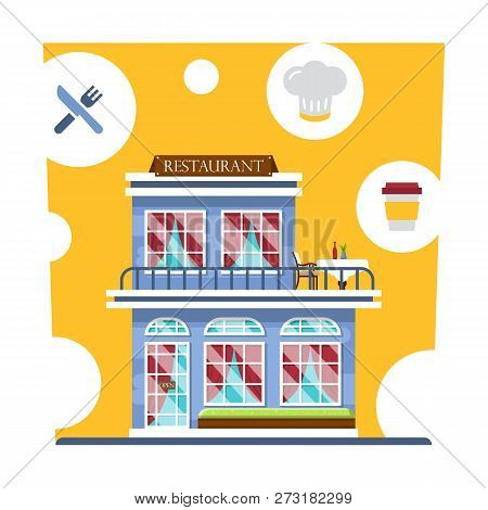 Central Cafe Building. Restaurant With Summer Terrace And With Curtains. Set Of Detailed Restaurant 