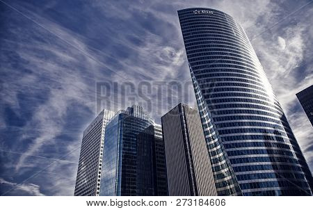 La Defense, France - September 23, 2017: Tower Building Edf, Office Skyscraper Of Steel Cladding And