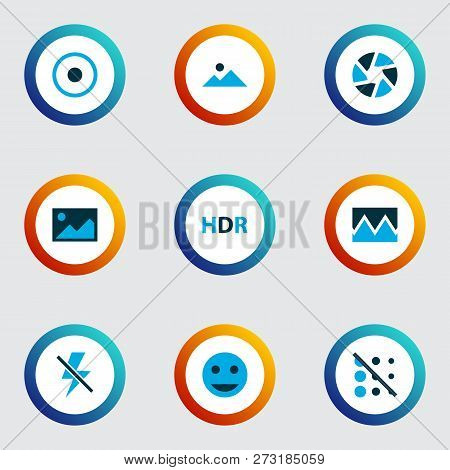 Photo Icons Colored Set With Image, Tag Face, Landscape Dartboard Elements. Isolated Vector Illustra