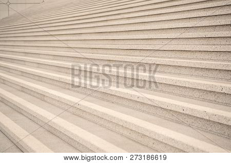 Stairs On Grey Cement Background In Paris, France. Symmetry And Geometry. Dream, Perspective, Progre