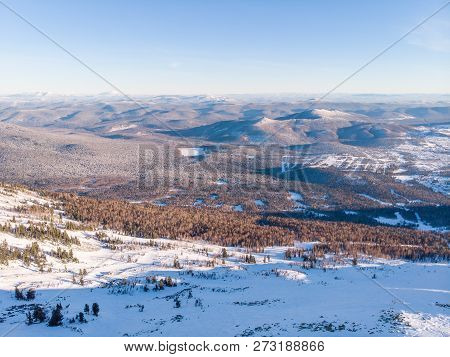 Sheregesh New Lift Mustag, Kemerovo, Russia, Aerial View Drone Mountains And Forest, Winter Ski Reso