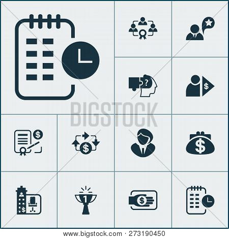 Work Icons Set With Cash Flow, Effective Teamwork, Long-term Plan And Other Champion Elements. Isola