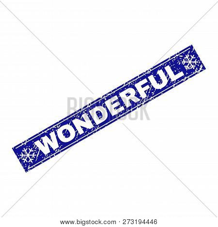 Grunge Rectangle Wonderful Stamp Seal With Snowflakes And Lines. Vector Wonderful Stamp In Winter St