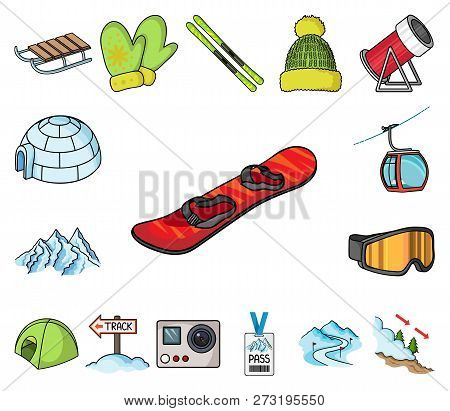 Ski Resort And Equipment Cartoon Icons In Set Collection For Design. Entertainment And Recreation Ve