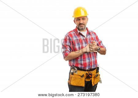 Shy Constructor Getting Ready By Cracking Knuckles As Nervous Concept Isolated On White Background