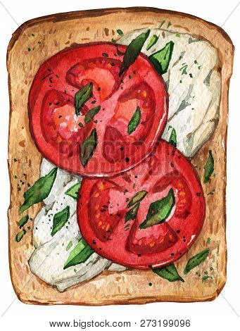 Healthy Food Sandwich Tomato Cheese Bread Watercolor
