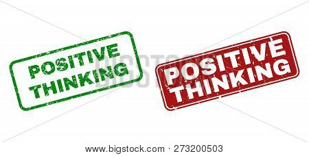 Grunge Positive Thinking Stamp Seals. Vector Positive Thinking Rubber Seal Imitation In Red And Gree