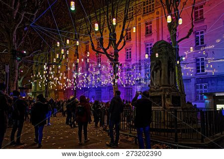 Lyon, France, December 9, 2018 : Streets During Festival Of Lights. For 4 Nights, Different Artists 