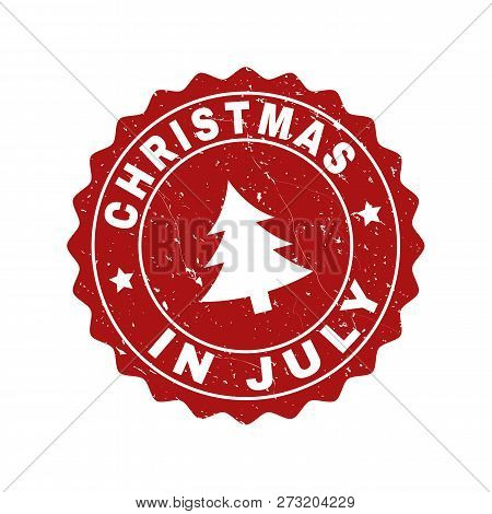Grunge Round Christmas In July Stamp Seal With Fir-tree. Vector Christmas In July Rubber Seal Imitat