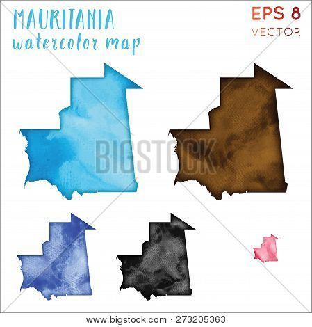Mauritania Watercolor Country Map. Handpainted Watercolor Mauritania Map Set. Vector Illustration.