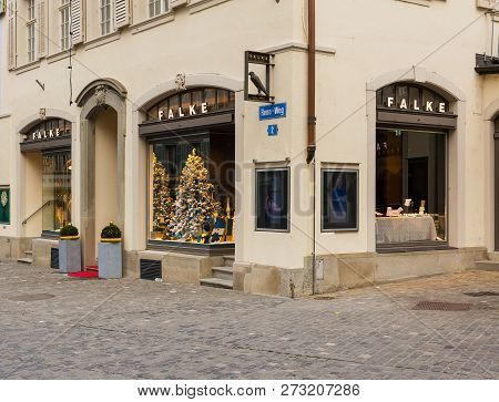 Zurich, Switzerland - December 6, 2015: Falke Store On Renn-weg Street In The Historic Part Of The C