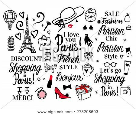 Set Paris Lettering Type. French Style Woman Fashion Black Illustration Woman. Vector Hand Sketch. C