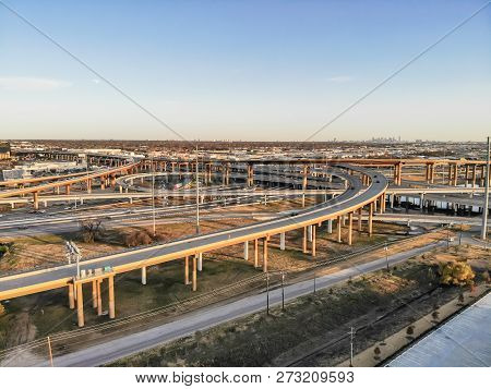 Top View Stack Highway Viaduct With Traffic Near Dallas, America