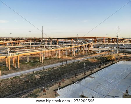 Top View Stack Highway Viaduct With Traffic Near Dallas, America