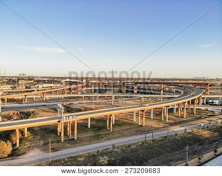Top View Stack Highway Viaduct With Traffic Near Dallas, America