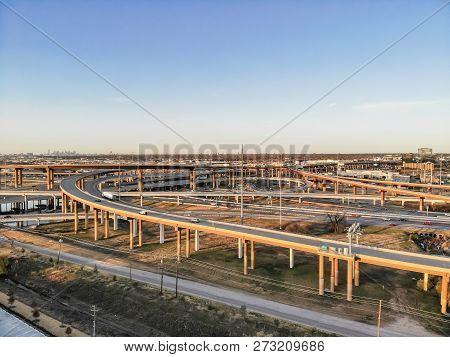 Top View Stack Highway Viaduct With Traffic Near Dallas, America