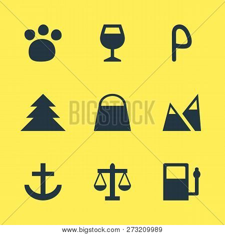 Vector Illustration Of 9 Check-in Icons. Editable Set Of Gas Station, Harbor, Law And Other Icon Ele