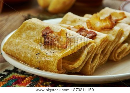 Nalysnyky, Rolled Pancakes  , Crepes With Different Fillings, Ukrainian Cuisine,  Traditional Assort