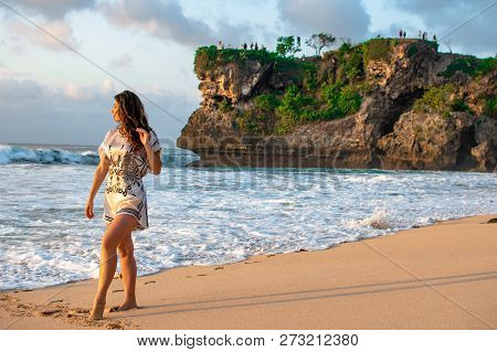Happy Summer Portrait Of Stunning Brunette Woman With Volume Curly Black Hairs, Big Smile And White 