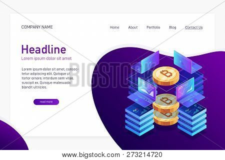 Concept Of Web Site Main Page, Landing Page With Isometry. Earning Cryptocurrency, Mining Bitcoin. L