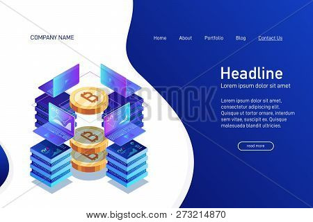 Concept Of Web Site Main Page, Landing Page With Isometry. Earning Cryptocurrency, Mining Bitcoin. L