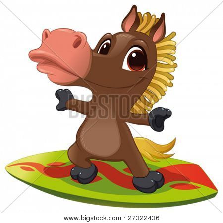 Cavalo com surf. Cartoon e vetor desportiva isolada personagem engraçada