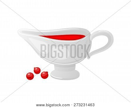 Cranberry Sauce Served In Ceramic Bowl And Berries Isolated Icons Set Vector. Gravy And Jam For Main