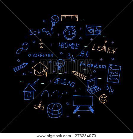 Set Of Vector Cartoon Home Education Objects Collected In A Circle.home Learning Subjects