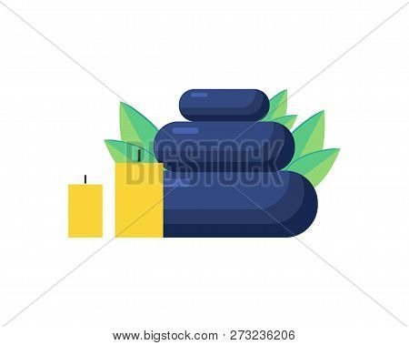 Stones And Candles For Massage And Spa Isolated Vector. Black Smooth Pebble Of Different Size, Wax S