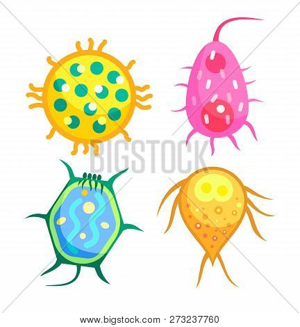 Bacteria Stack Isolated On White Banner, Vector Microorganism With Different Shape Bodies And Append