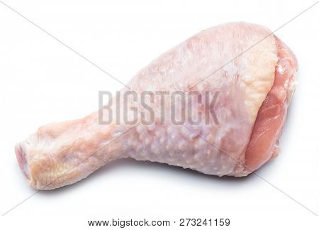 Raw chicken leg isolated on white background.