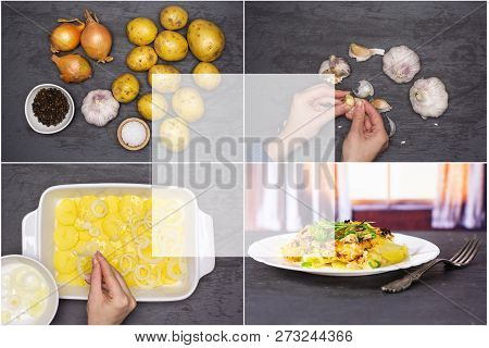Collage Recipe Step By Step Baked Potatoes With Onion On Grey Stone