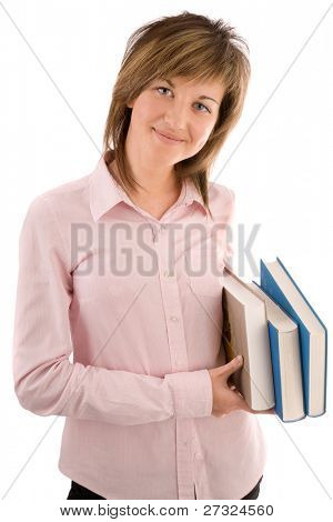 giovane bella ragazza con i libri sul bianco